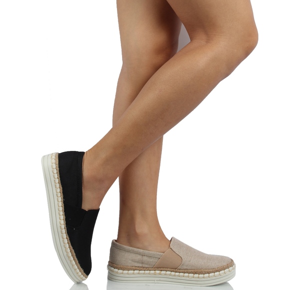 Black Linen Elastic Slip On White Soles Slip On - Picture 7 of 8